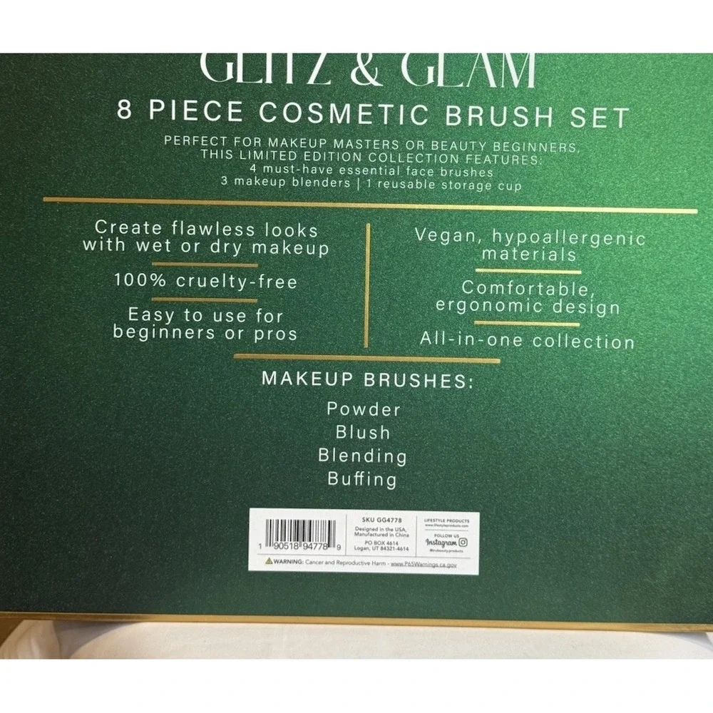 NEW Glitz & Glam Makeup Brush Set 8 Piece Cosmetic Brush Set‎ Green Rhinestone